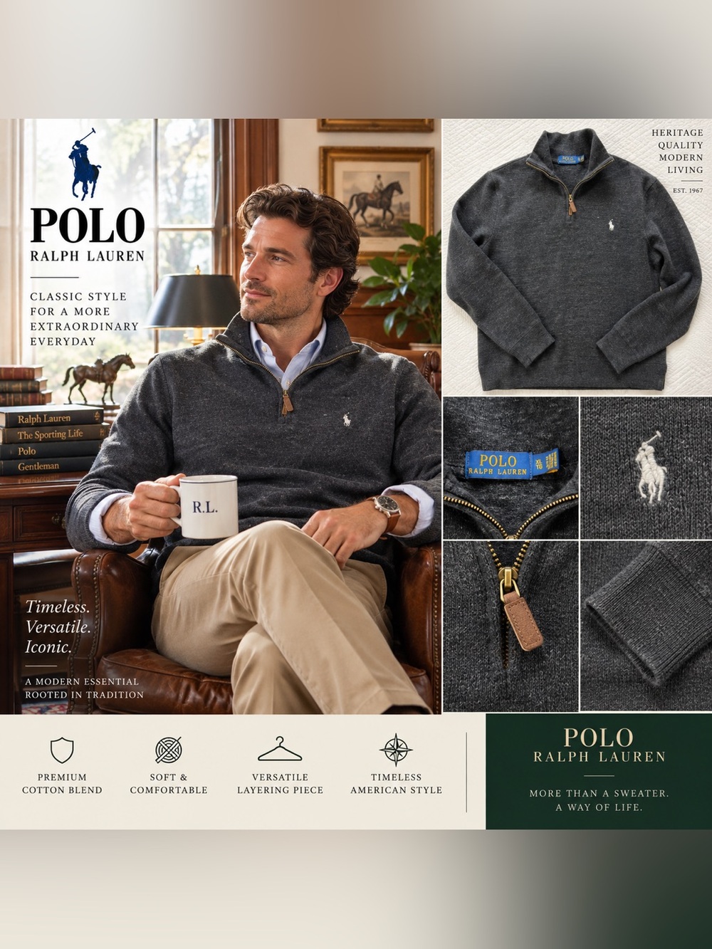 Ralph Lauren Men’s Charcoal Zip-Up Sweater